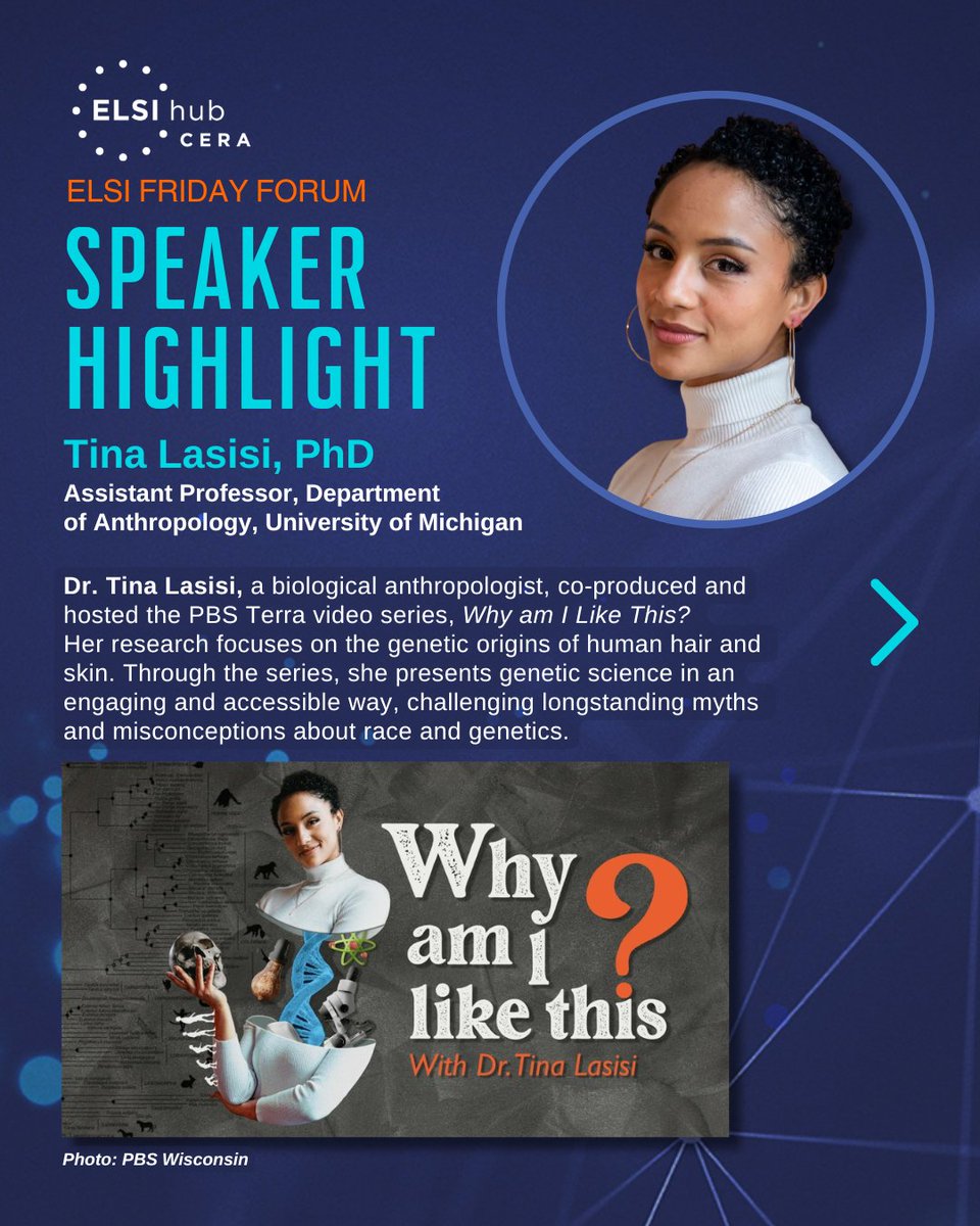 ELSIhub's tweet image. Dr. Tina Lasisi uses storytelling to make the genetics of human variation more accessible. Join us at our next ELSI Friday Forum to hear how she’s building trust in science communication.  

🗓️ May 8 | 12PM ET 
Register: evt.to/rpqntk5dnk59 
#SciComm #Genomics #ELSI