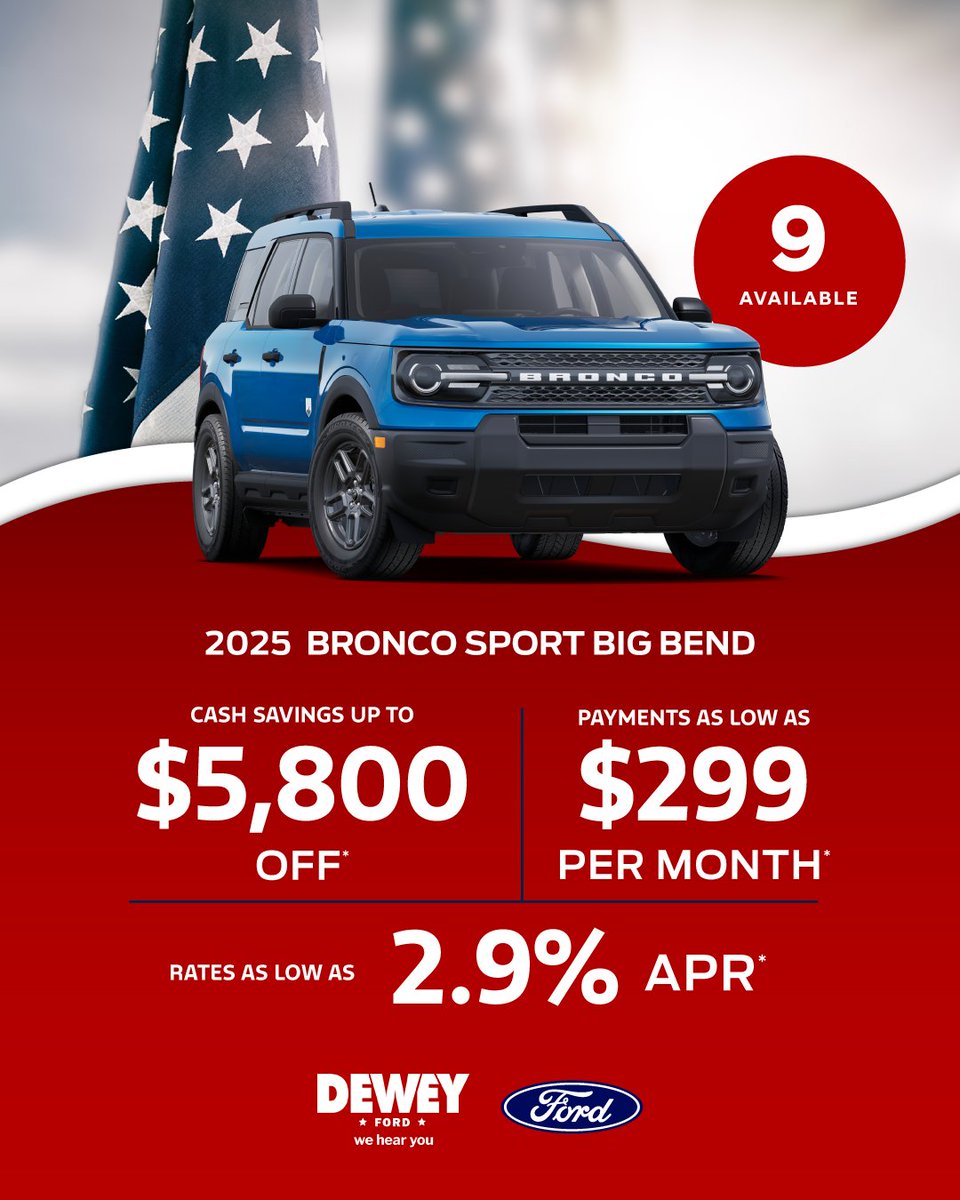 Dewey_Ford's tweet photo. Get ready for adventure with the 2025 Bronco Sport Big Bend! 🚙💥 Payments from just $299/month, cash savings up to $5,800, and rates as low as 2.9% APR*!

Shop now: https://t.co/1bvSa4DNoz

*See dealer for details. Offer Expires 6.1.26. https://t.co/B6uBG3OF4M