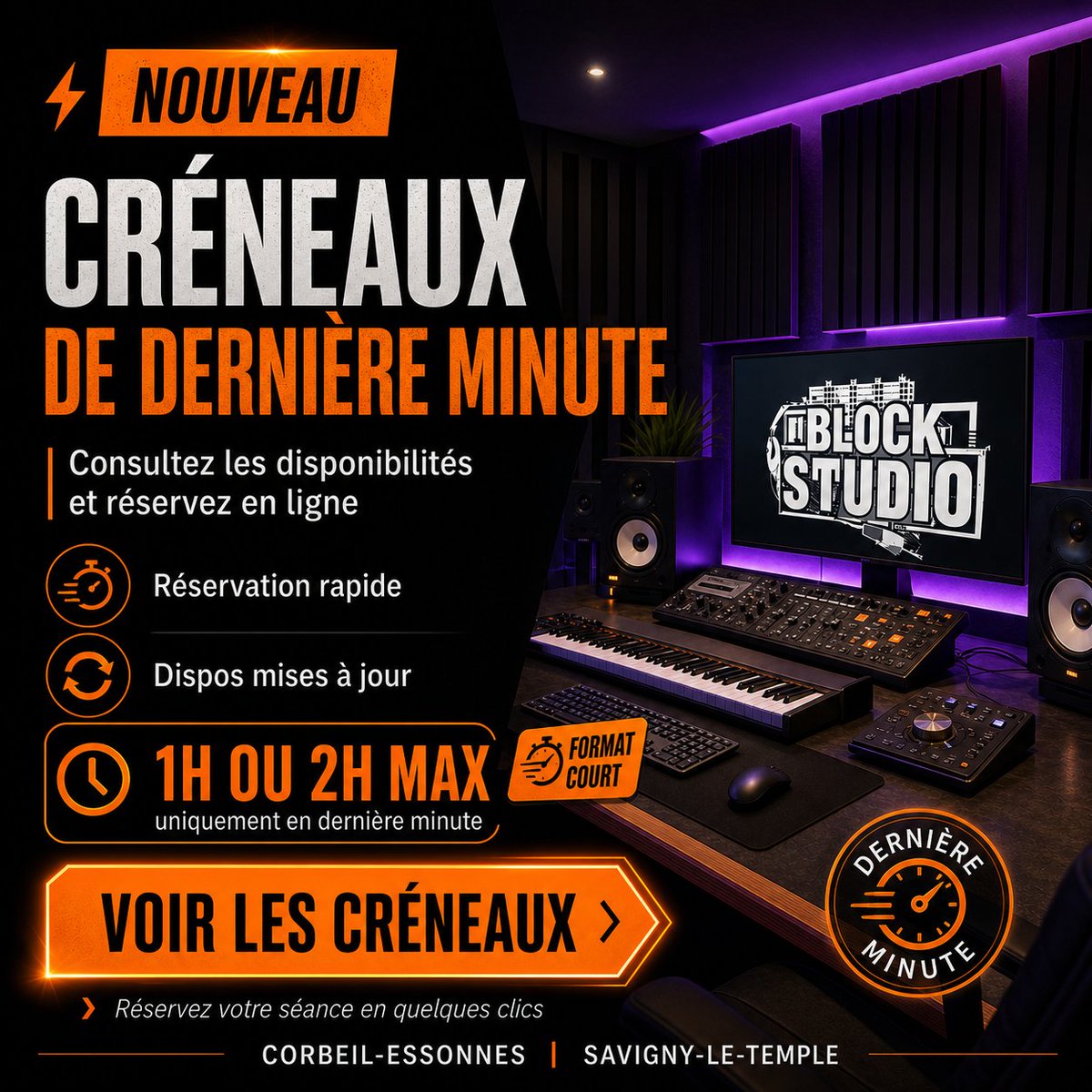 Blockstudio91's tweet photo. Nouveau chez Blockstudio : les créneaux courts disponibles sont visibles en ligne.

Réservez une séance d’1h ou 2h max pour poser une voix, tester une idée ou avancer sur un titre.

Corbeil-Essonnes · Savigny-le-Temple
https://t.co/eunB1cl33U https://t.co/eUq3yLD1Fi