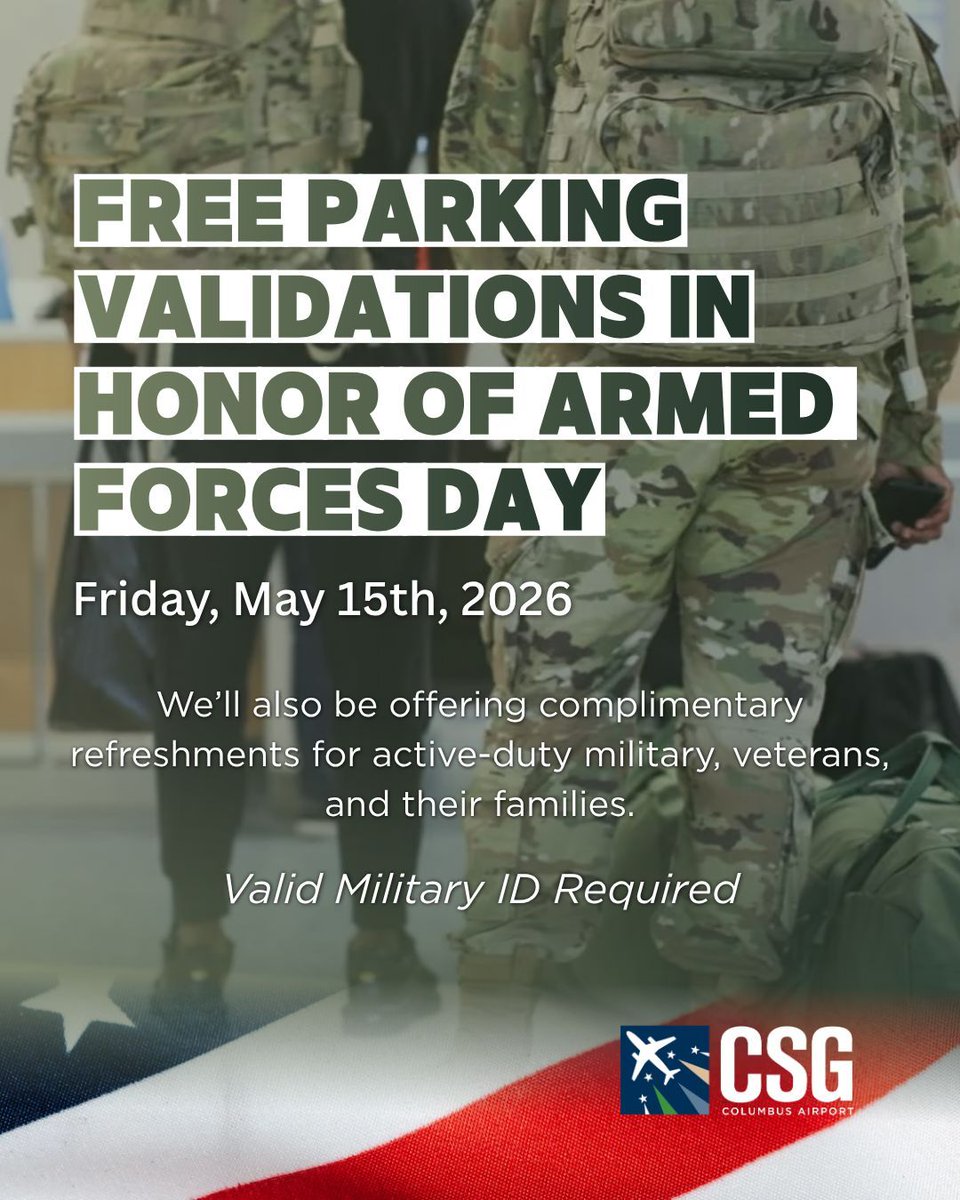 FlyColumbusGA's tweet photo. In honor of Armed Forces Day, we’re offering free parking validations and complimentary refreshments for active-duty military, veterans, and spouses with a valid military ID.

Stop by our table in the terminal to have your ticket validated and to grab a refreshment.

Thank you for your service ❤️✈️