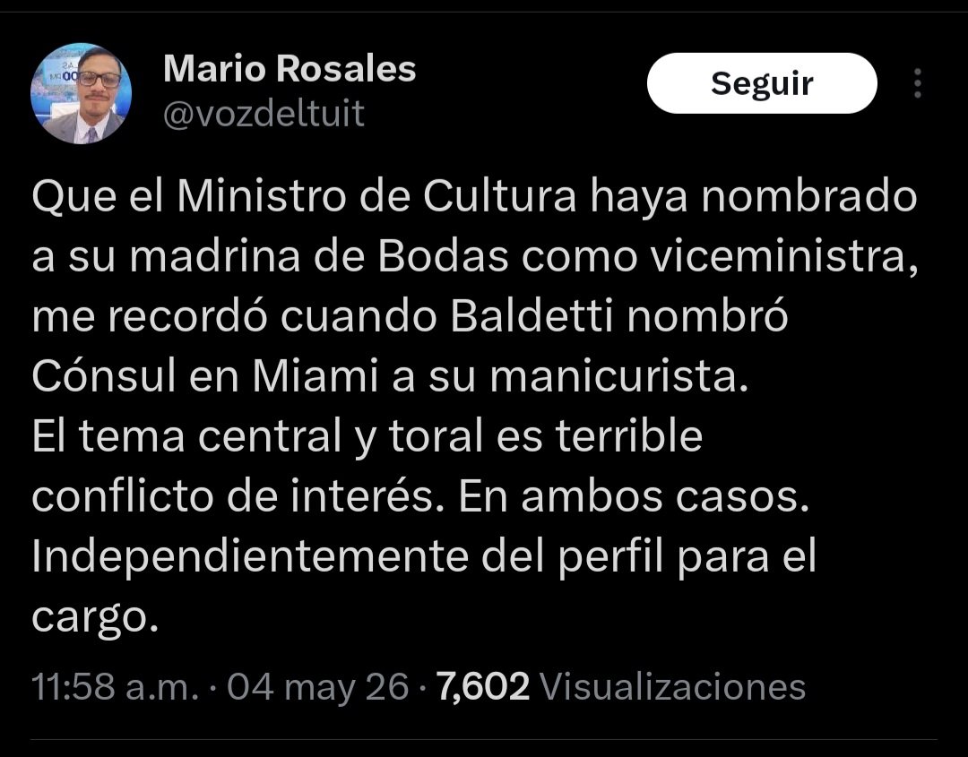 Este señor <a href="/vozdeltuit/">Mario Rosales</a> es la personificación de la ignorancia, ofende la inteligencia,ni grado de comparación de la Viceministra de Cultura con una manicurista de Baldetti, Rossina Cazali es una de las más grandes curadora de Arte  que ha tenido y tiene Guatemala.