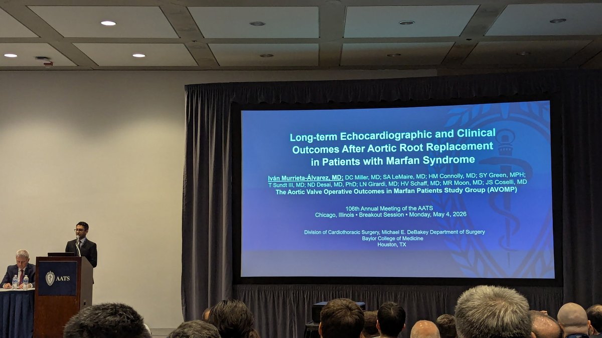 JCoselli_MD's tweet photo. Proud moment for our team at #AATS2026 👏
Our recently published work on LT echo and clinical outcomes after ARR in patients w/ #MFS presented by @ivanmurrietaa . Outstanding job sharing the study and engaging discussion around AVS vs AVR outcomes across international centers. https://t.co/mndqczpDsB