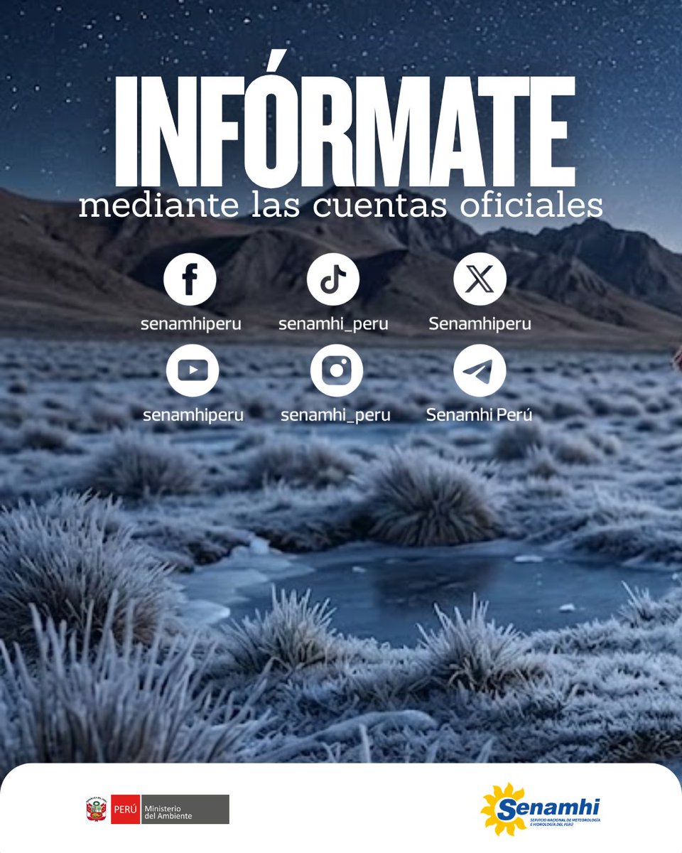 Senamhiperu's tweet photo. 🔎❄️🥶 #HablemosDe #Senamhi #Minam heladas 
Evento en el que la temperatura del aire desciende a 0 °C o menos 🌡⬇️, afectando principalmente la sierra sur y central ⛰ (sobre los 3200 m s. n. m.)
Ocurren durante la noche y madrugada 🌙, con cielos despejados ☁️❌ https://t.co/raM7vIsYjn