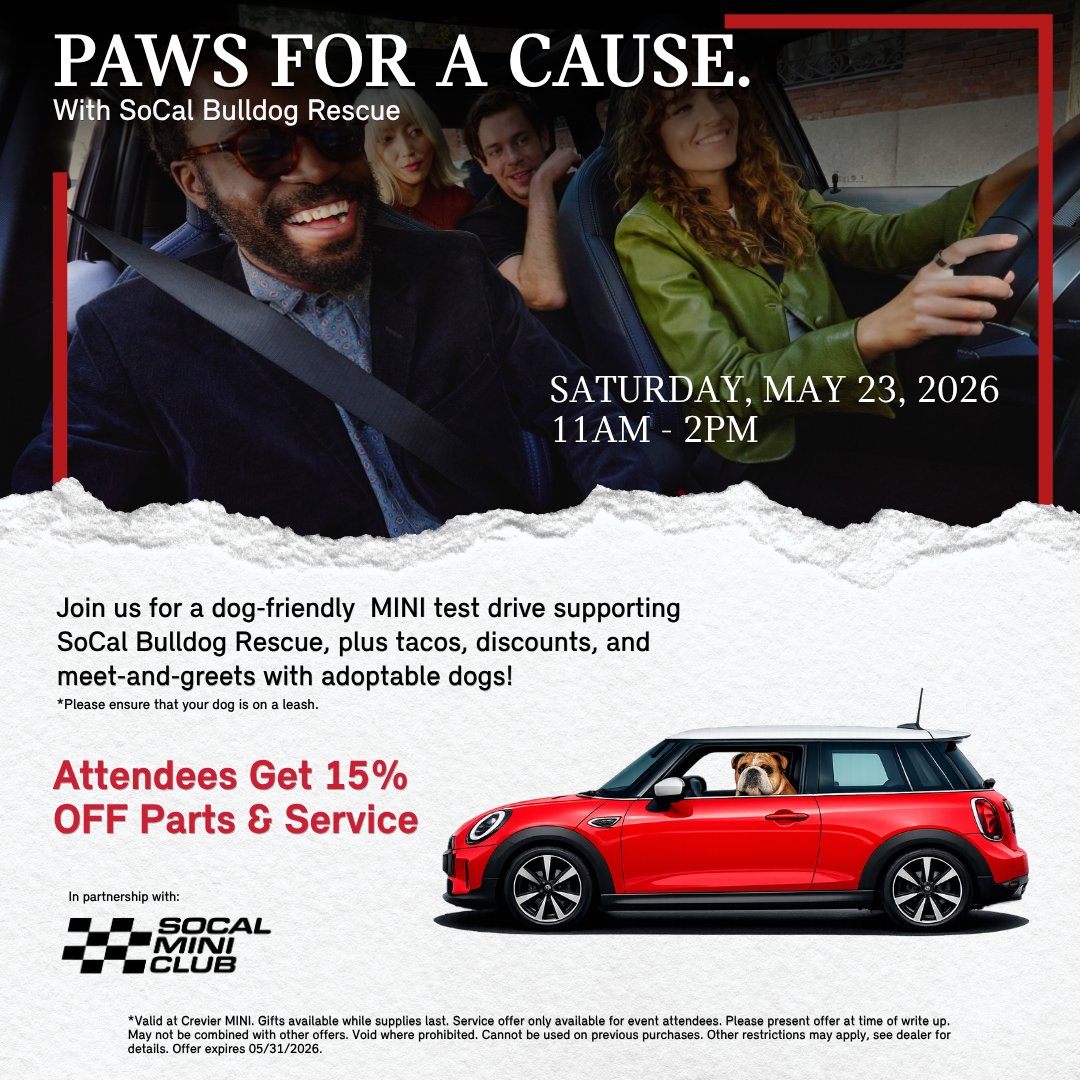 creviermini's tweet image. Dog-friendly MINI test drive for SoCal Bulldog Rescue!

📅 May 23, 11–2

Adoptable pups, tacos &amp;amp; deals

✨ 15% off Parts &amp;amp; Service

Drive a MINI and support rescue dogs! #CrevierMINI #MINI
