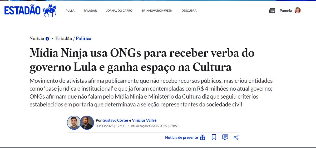 Mídia Ninja então, nem se fala. É aquela ONG de jornalismo ativista que sempre babou o ovo do petismo para inflar pautas globalistas na esquerda e no debate público brasileiro.