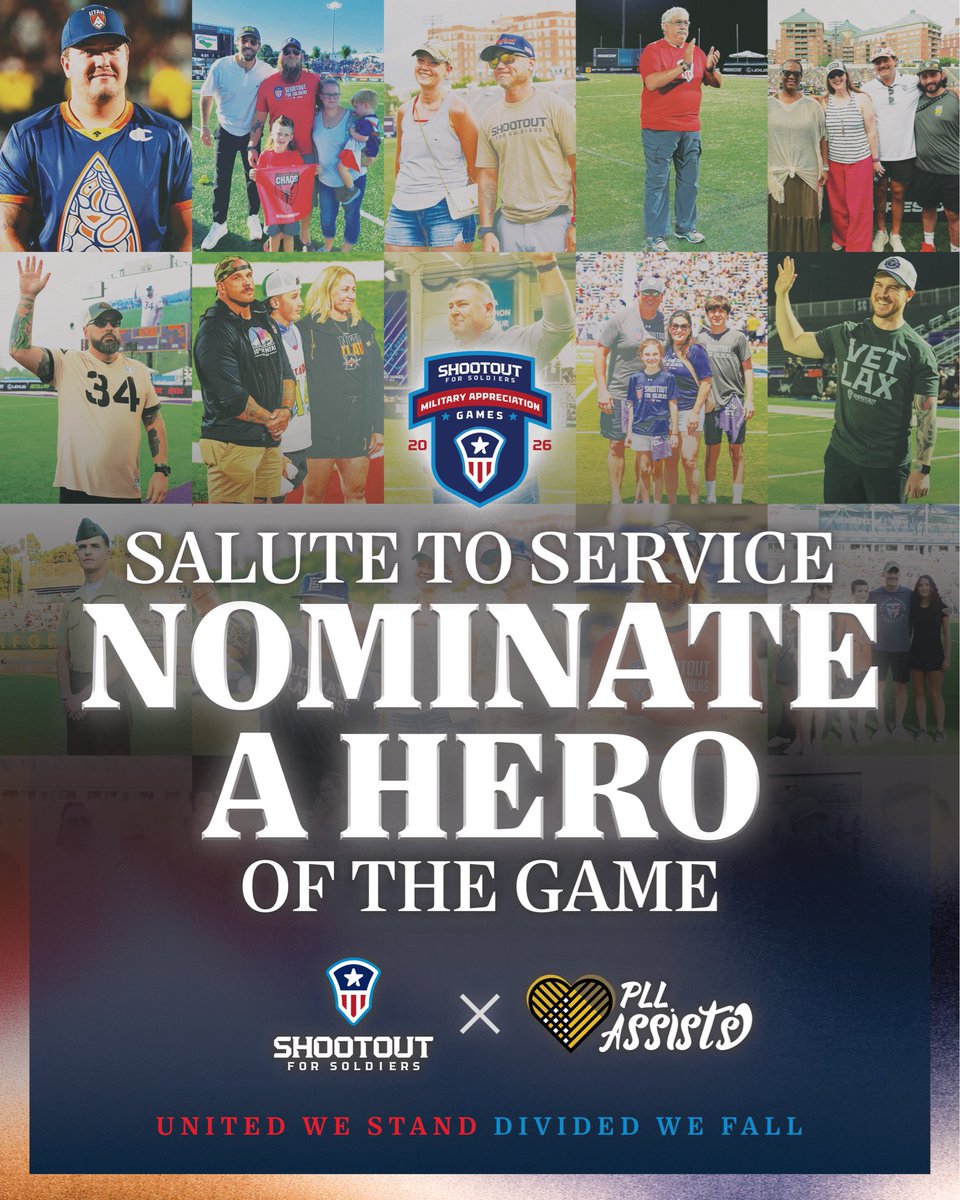 SFSLacrosse's tweet photo. PLL Assists x Shootout for Soldiers present the Salute to Service Hero of the Game 🇺🇸

Honor a veteran or service member as our Hero of the Game at PLL &amp; WLL matchups nationwide.

🎟️ Tickets, 🍽️ Meals, 🅿️ Parking, 🏟️ On-field recognition

Nominate now — Link in Bio🔗 https://t.co/NXdNCRZWkA