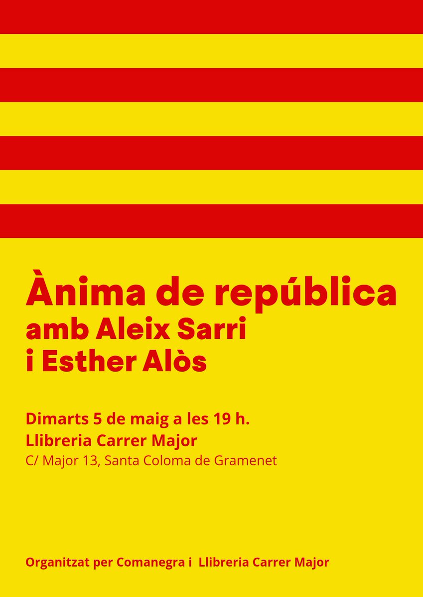aleixsarri's tweet photo. Demà a les 19h a Santa Coloma de Gramenet, presentarem Ànima de República amb l'@esther_alos a la llibreria @carrermajor. Us hi esperem! https://t.co/HpX8JgYPzq