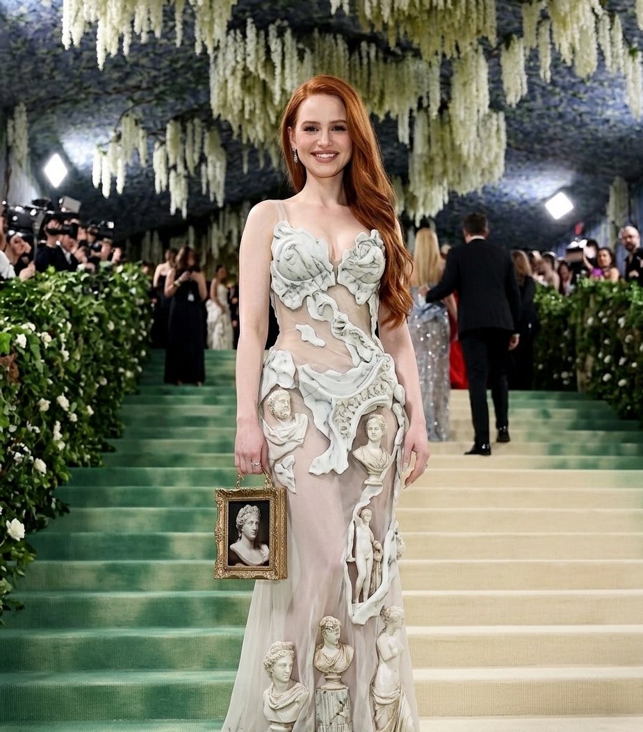sonzapetsch's tweet photo. CHEGOU CEDO! Depois de anos Madelaine Petsch está presente no Met Gala 2026. https://t.co/eeo9y78Sot