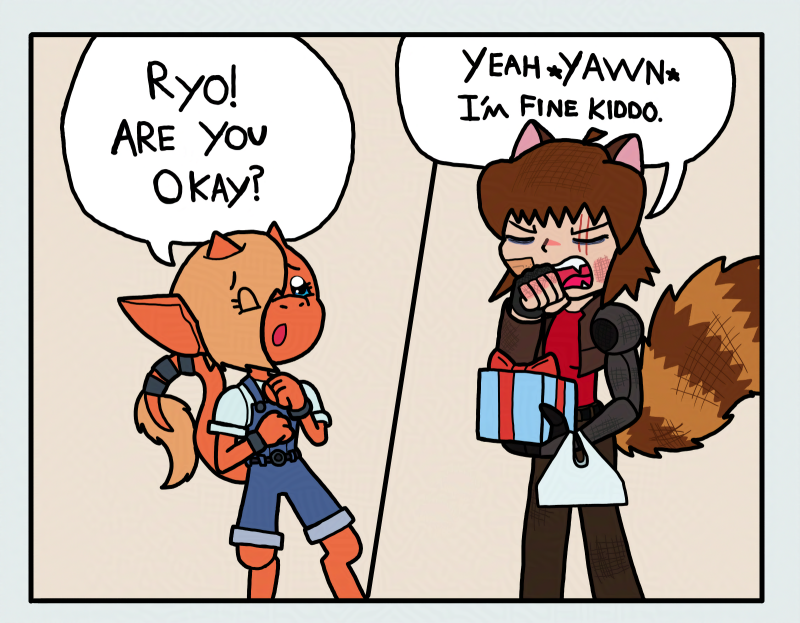 JoshJenkins90's tweet photo. Kiddo, the kobold serves as Aiko's and Ryo's "Minion" she is a good shot.  

In the Tiny text Kiddo says "and you look injured too." she is concerned that Ryo was injured.

Ryo's Gift Page 01: https://t.co/RcLbbnk1z0