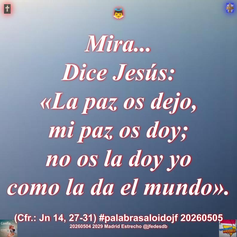 JFedeSDB's tweet photo. .
#palabrasaloidojf Jn 14, 27-31 En aquel tiempo, dijo Jesús a sus discípulos:
«La paz os dejo, mi paz os doy; no os la doy yo como la da el mundo. Que no se turbe vuestro corazón ni se acobarde. Me habéis oído decir: "Me voy y vuelvo a vuestro lado". Si me amarais, os alegraríai https://t.co/jvfz4YGdzd
