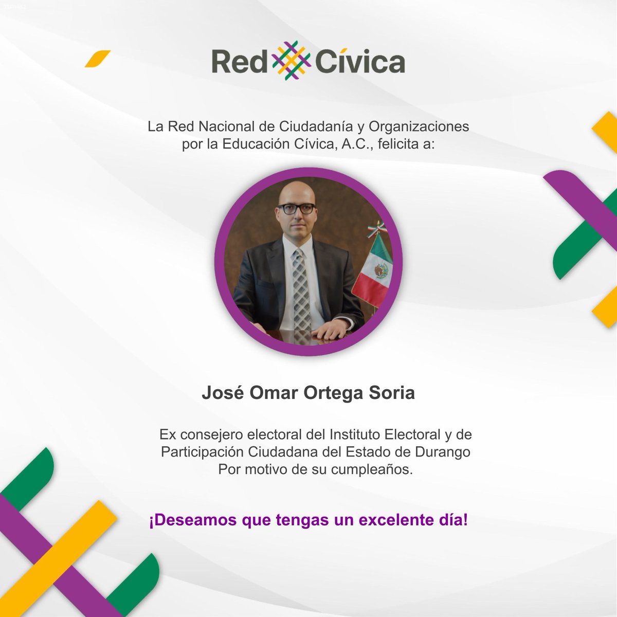 RedCivicaMx's tweet photo. Feliz cumpleaños, José Omar Ortega Soria
Desde la Red Cívica Mx celebramos tu cumpleaños y reconocemos tu valiosa trayectoria como ex Consejero Electoral del IEPC de Durango, así como tu compromiso permanente con la vida democrática del país. https://t.co/B1C04dTBIv