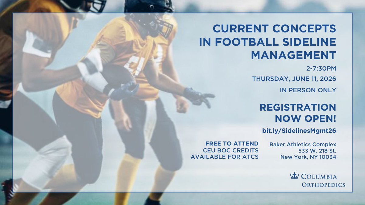 OrthoColumbia's tweet image. Calling all ATCs!
Registration open for our free in-person training: Current Concepts in Football Sideline Management 🏈
📅 June 11, 2026 | ⏰ 2–7:30 PM 📍 Baker Athletics Complex, NYC 🎓 FREE + CEU (BOC) credits for ATCs Register now: bit.ly/SidelinesMgmt26 #AthleticTraining
