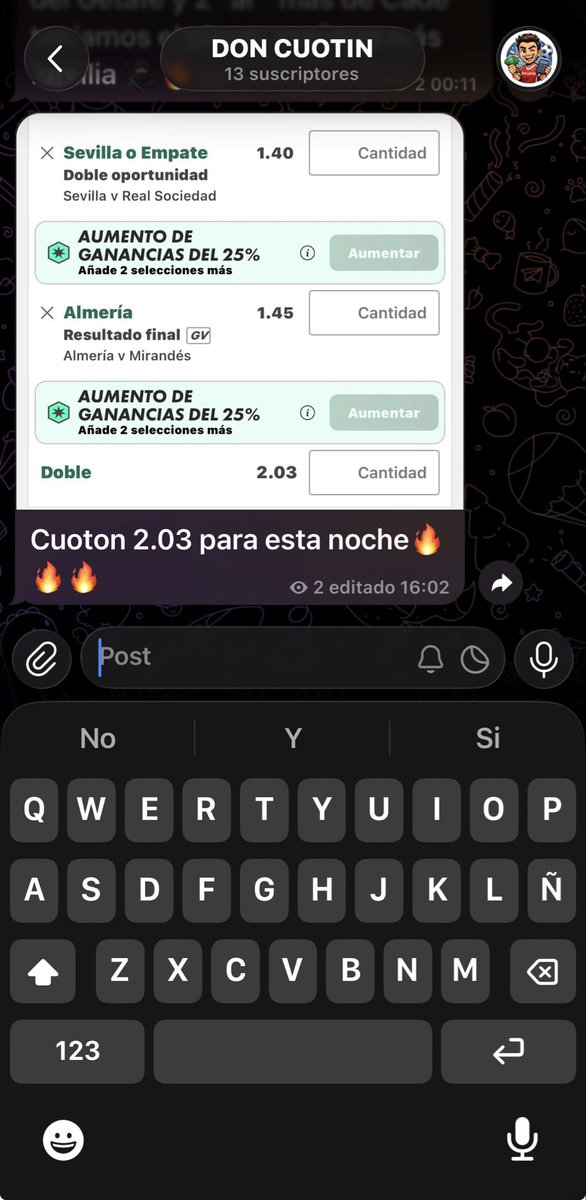 doncuotin's tweet photo. ✅✅✅ Otro cuoton 2 que no aprovecháis, venimos en una dinámica buenísima y es el mejor momento para entrar al canal gratuito de Telegram. No dudéis en entrar que se vienen cosas importantes estos días. #Apuestas #Deportivas #Tipster #Picks 

https://t.co/V2VqBoJs36 https://t.co/Bob3NG65Cv