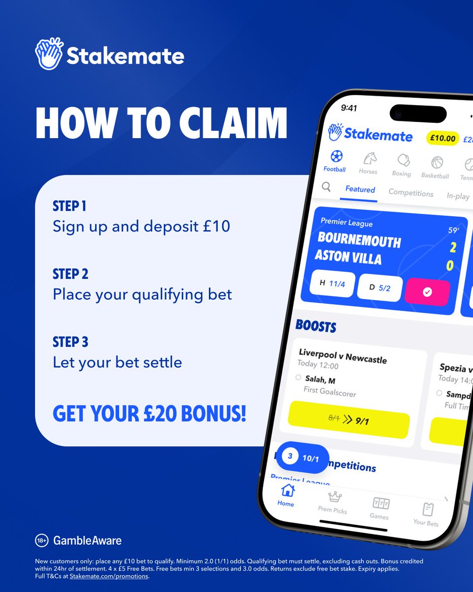 StakemateUK's tweet photo. Bet £10 get £20 in FREE bets! 💸 New to Stakemate? Kick things off the right way New customers only: place any £10 bet to qualify. Minimum 2.0 (1/1) odds. Qualifying bet must settle, excluding cash outs. Bonus credited within 24hr of settlement. 4x £5 Free Bets. Free bets min 3 selections and 3.0 odds. Returns exclude free bet stake. Expiry applies. Full T&Cs at https://t.co/FGuZHxbFbm 18+ | GambleAware