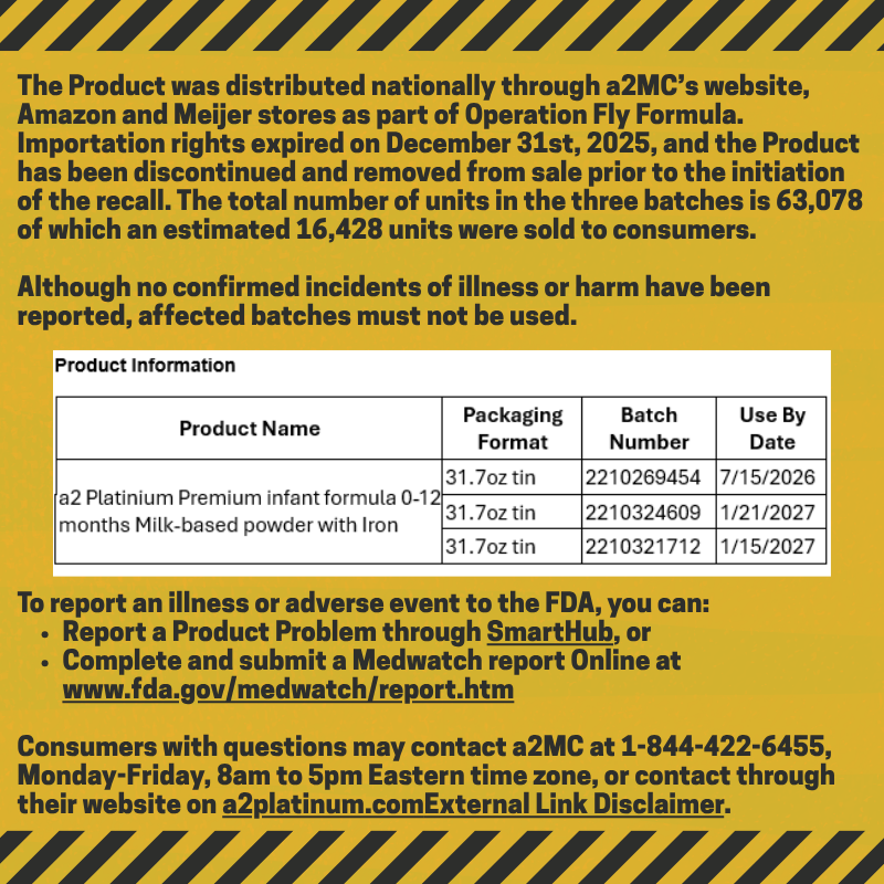 SenecaCountyDOH's tweet photo. ***INFANT FORMULA RECALL***

On May 2, 2026 – The a2 Milk Company (“a2MC”) has voluntarily recalled three specific batches of its imported a2 Platinum Premium USA label infant formula 0-12 months (“Product”) due to the presence of cereulide. 
https://t.co/Vc8hC5WHxW https://t.co/0F5F6apyWF