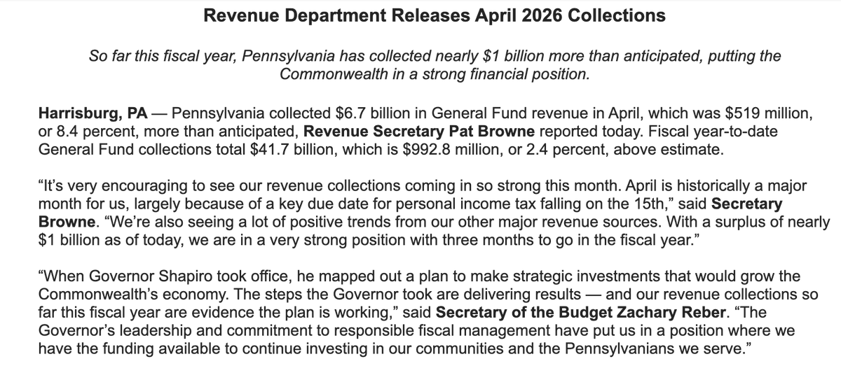 StephenJ_Caruso's tweet photo. ICYMI: The commonwealth's revenues are looking stronger, per Department of Revenue numbers released last week. The state is at $41.7 billion, or almost $1 billion above projections (Or put another way, about $2.4 billion more than last year's revenues at this time.) https://t.co/hehaRD1Gxo