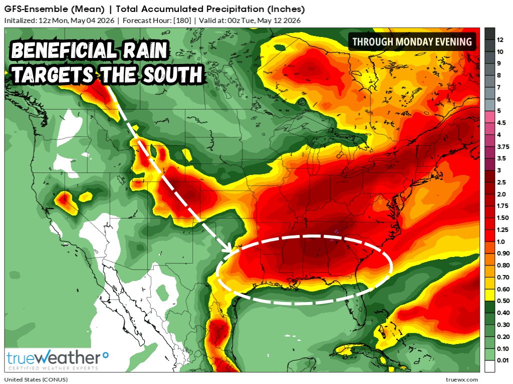 MarkShanaberger's tweet image. Two rounds of rain are expected across the #South late Wednesday through Friday and again late Saturday through Monday. From eastern Texas to northern Florida, Georgia, and the Carolinas, 1-3" of rain should bring some #DroughtRelief, though not eliminate long-term deficits.