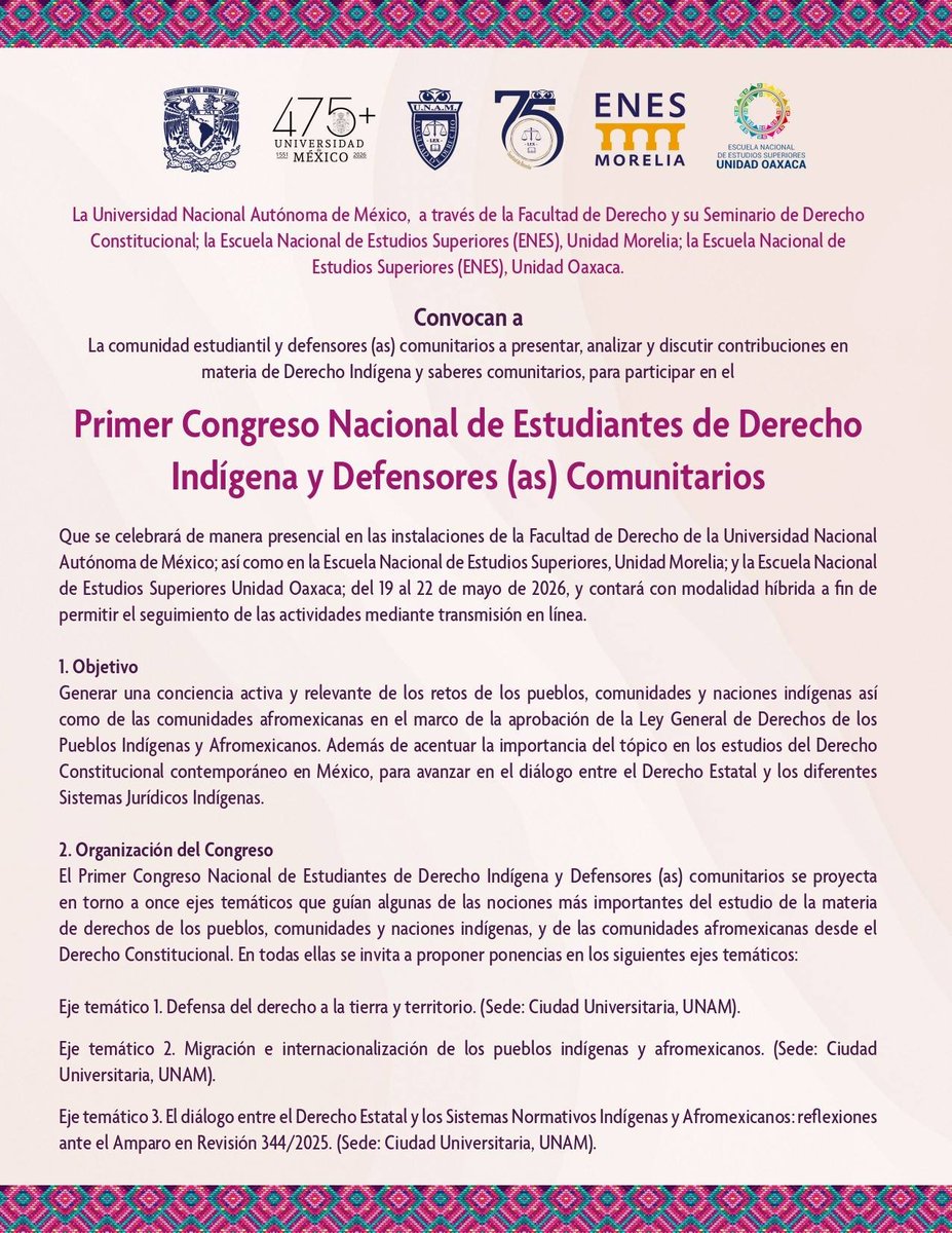 DerechoUNAMmx's tweet photo. 🌱📚 Participa en el Primer Congreso Nacional de Estudiantes de Derecho Indígena y Defensores(as) Comunitarios.

Entérate aquí de todos los requisitos para participar en alguna de las sesiones.
📅 Del 19 al 22 de mayo https://t.co/7ge7WeBOkP