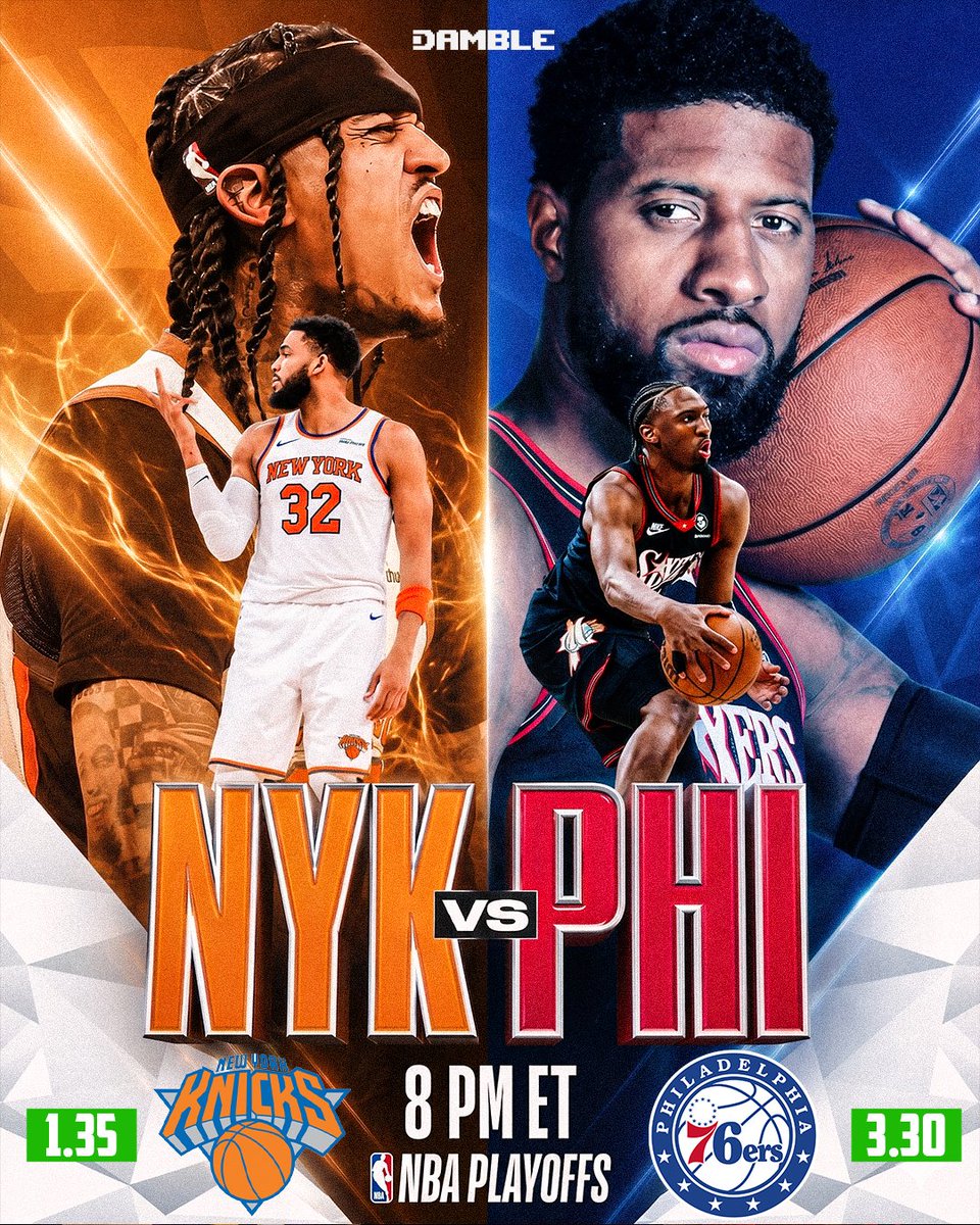 Dambleio's tweet photo. Knicks vs 76ers tonight! 🔥

New York hosts Philadelphia in a crucial NBA Playoffs matchup. The Knicks come in as heavy favorites at home.

Live odds: Knicks 1.35 | 76ers 3.30

Can New York dominate or will Philly keep the series alive?

Bet live now on https://t.co/mazFs3vj0p https://t.co/vxZjwWStxF