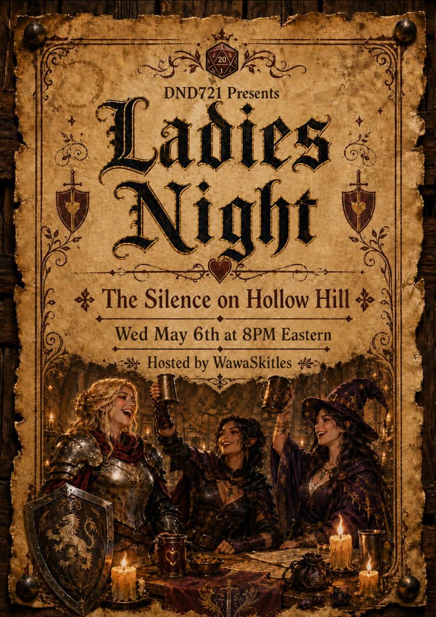 NameMudd's tweet image. DND721 Ladies Night coming in hot this Wednesday with our campaign player turned Dungeon Master @WawaSkitles !

Very much looking forward to what shenanigans this all ladies group gets into!

@DCent_Battle #dnd #DungeonsandDragons