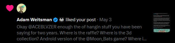 akidcalledflex's tweet photo. Hey @ACEBLVZER it looks like @AdamWeitsmain agrees with me that the @Moon_Bats are getting tired of hangin. It's time for you and the rest of the middle school team @BigDaddyErac and @MoonBatsMFC to hand it off to people that can produce results. Where is the 3D collection? https://t.co/uemeS3Nh80