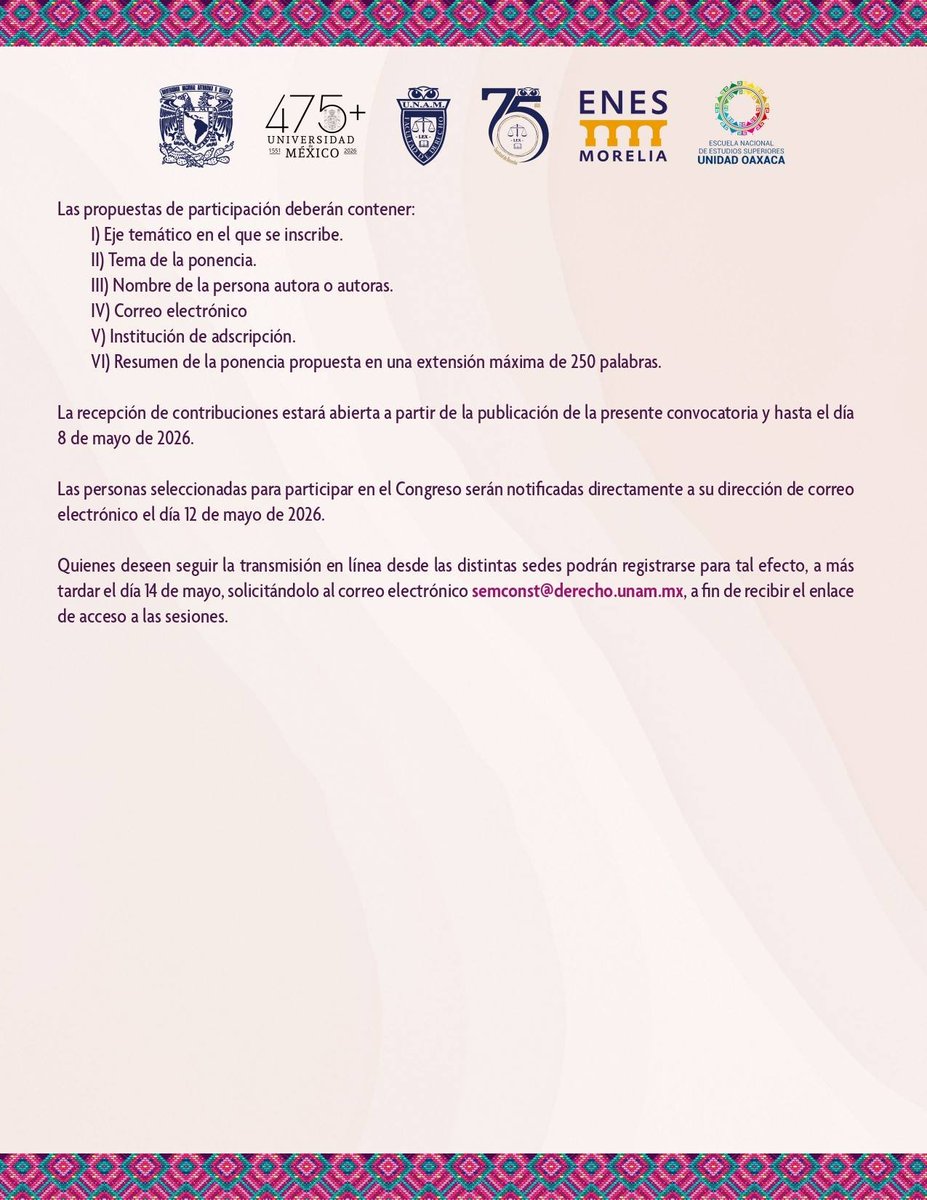 DerechoUNAMmx's tweet photo. 🌱📚 Participa en el Primer Congreso Nacional de Estudiantes de Derecho Indígena y Defensores(as) Comunitarios.

Entérate aquí de todos los requisitos para participar en alguna de las sesiones.
📅 Del 19 al 22 de mayo https://t.co/7ge7WeBOkP