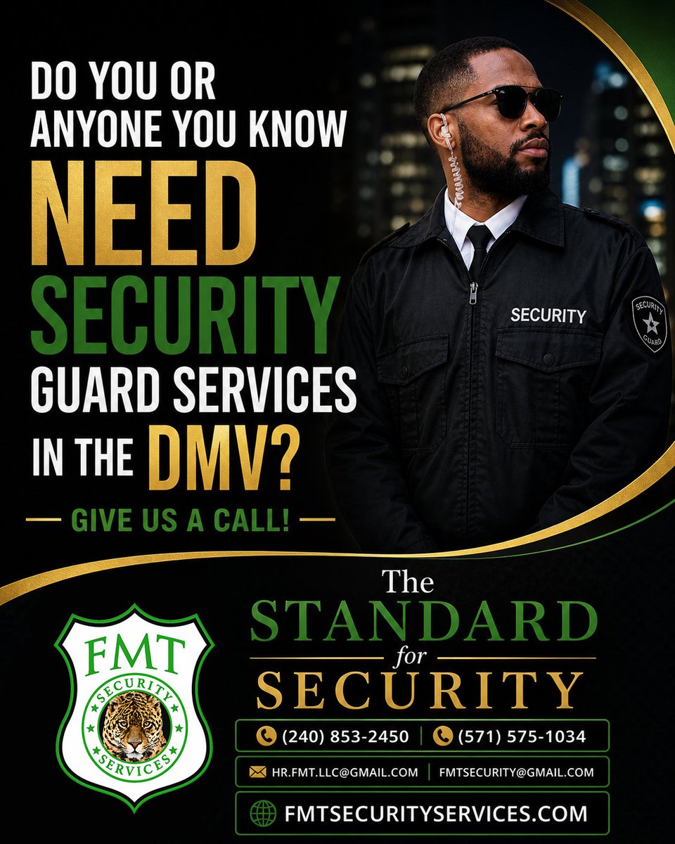 FMTsecurity's tweet photo. Do you need reliable security in the DMV? FMT Security Services provides trained, professional guards for businesses, events &amp; more. Protect what matters most—call today (240) 853-2450 or visit our site!

#securityguard #dmvsecurity #privatesecurity #securityservices #dmvbusiness https://t.co/8n0WSzAvDL