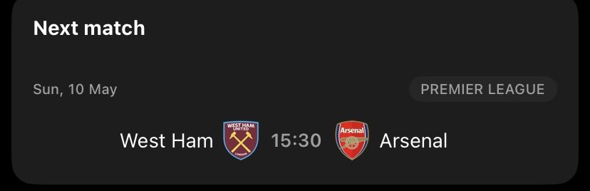 West Ham qui doit gagner pour sortir de la zone rouge et Arsenal qui doit gagner pour espérer être champion. 
Rendez vous dimanche 😂