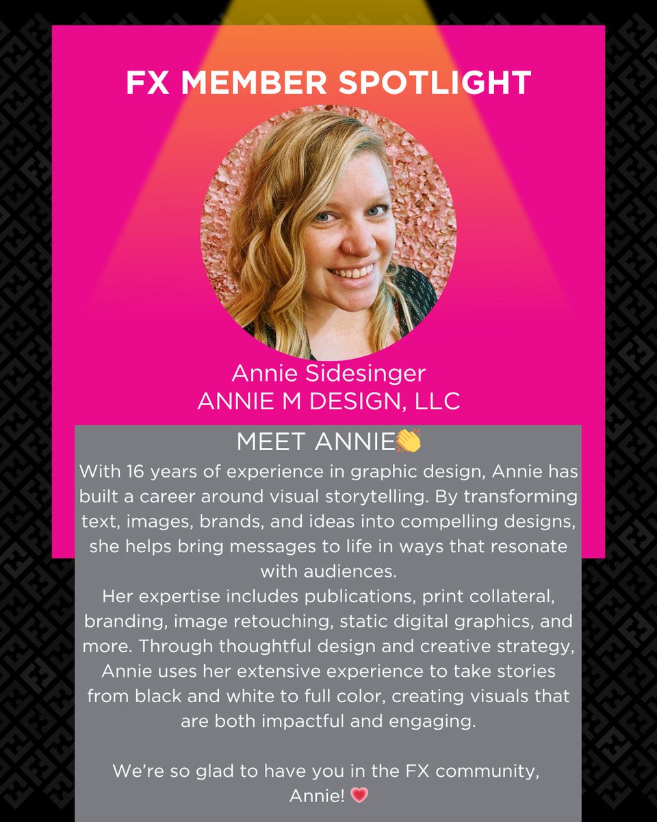 FXofKC's tweet photo. Say hello to Annie Sidesinger 👏 A talented FX member using design to bring brand stories to life with creativity and care. We’re grateful to have her in our community 💗 Looking for a creative partner to bring your vision to life? Connect with Annie 💻✨https://t.co/0yfa8aGroC https://t.co/aI3ixm8hCn