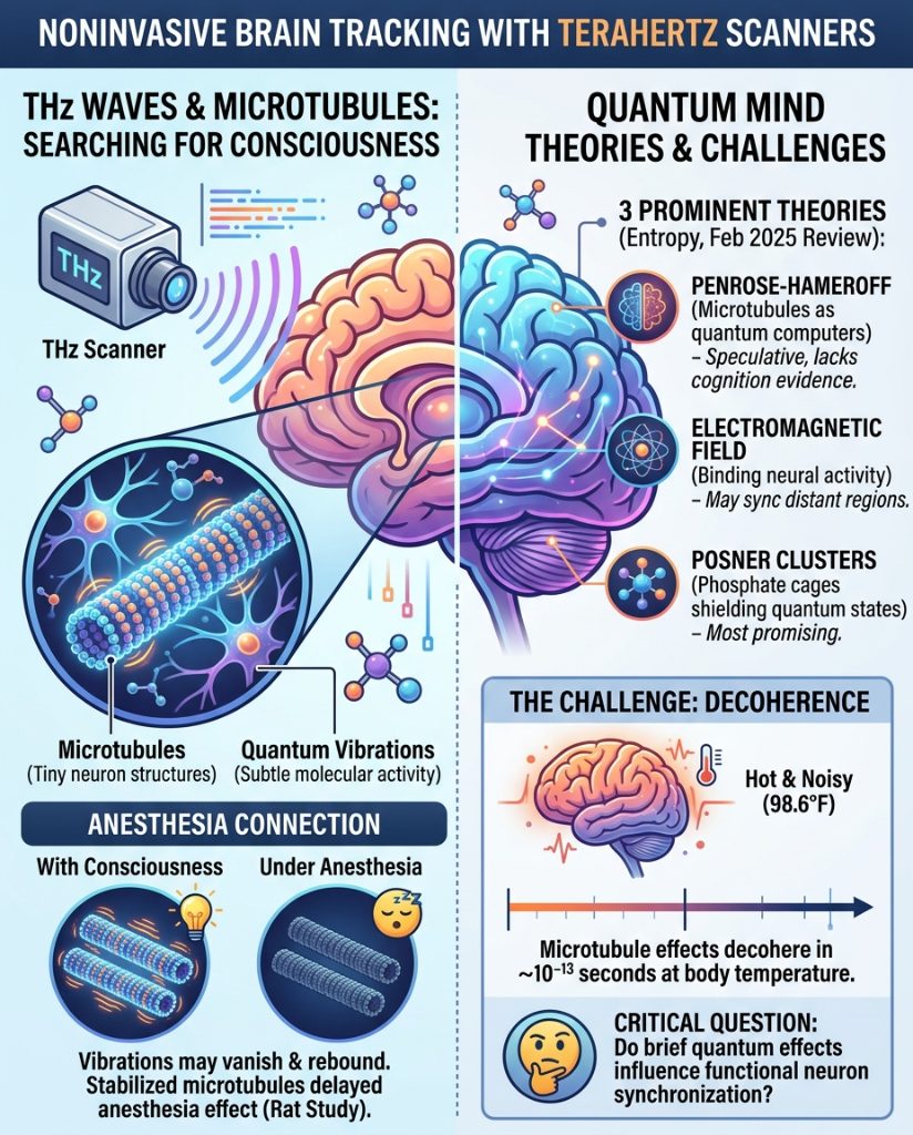 Scientists are using terahertz (THz) waves to study microtubules, tiny structures in brain cells that may be linked to consciousness. THz waves, higher on the electromagnetic spectrum than millimeter waves, detect subtle molecular vibrational fingerprints without x-ray damage,