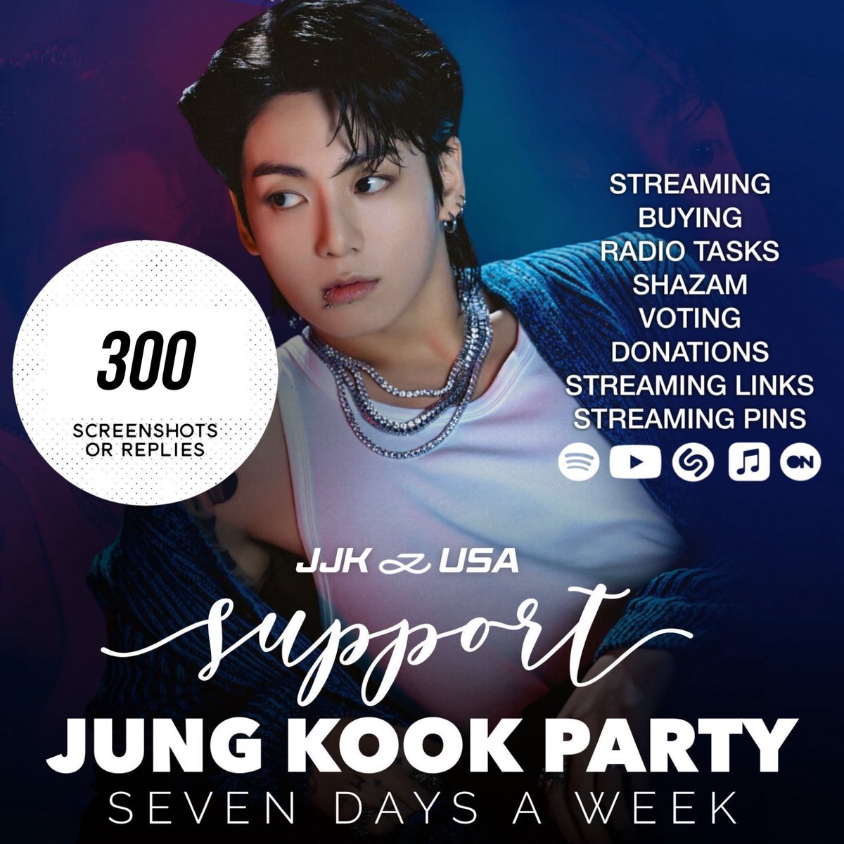 _jungkookusa's tweet image. 📀SUPPORT •JUNGKOOK• DAILY PARTY📀

🎯 GOAL:  300 screenshots or replies within 6 hours ‼️

We need to support Jungkook in all areas! DROP *NEW* screenshots or replies from: 
• Streaming 
• Buying (receipts)
• Radio tasks
• Shazam
• Votes
• Donations to GU 
• Streaming
