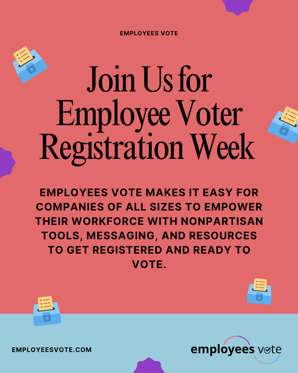 EmployeesVote's tweet photo. EVRW helps workplaces share clear, nonpartisan voter registration information with employees at a moment when it really matters.

If you’re thinking about civic engagement at work this year, now’s the time to get involved. #EmployeesVote https://t.co/gzrS32ugQ6