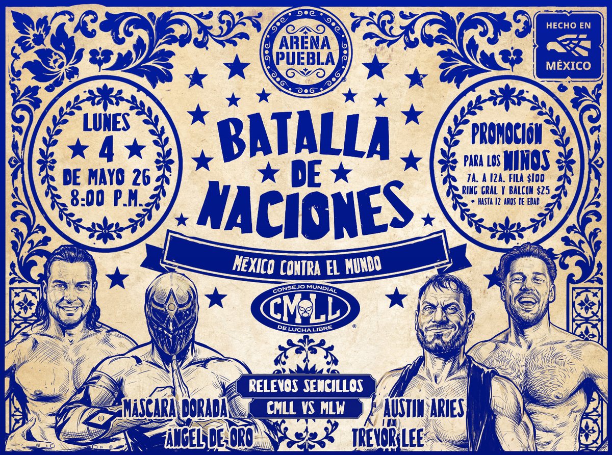 Esta noche, Máscara Dorada y Ángel de Oro representan al CMLL frente a la experiencia y peligro de Austin Aries y Trevor Lee, en representación de MLW. 

📍 Arena Puebla
🕗 8:00 p.m.
🎟️ taquillas y
ticketmaster.com.mx/artist/1156538
#LunesClásicoCMLL
📄 cmll.com/cartelera/