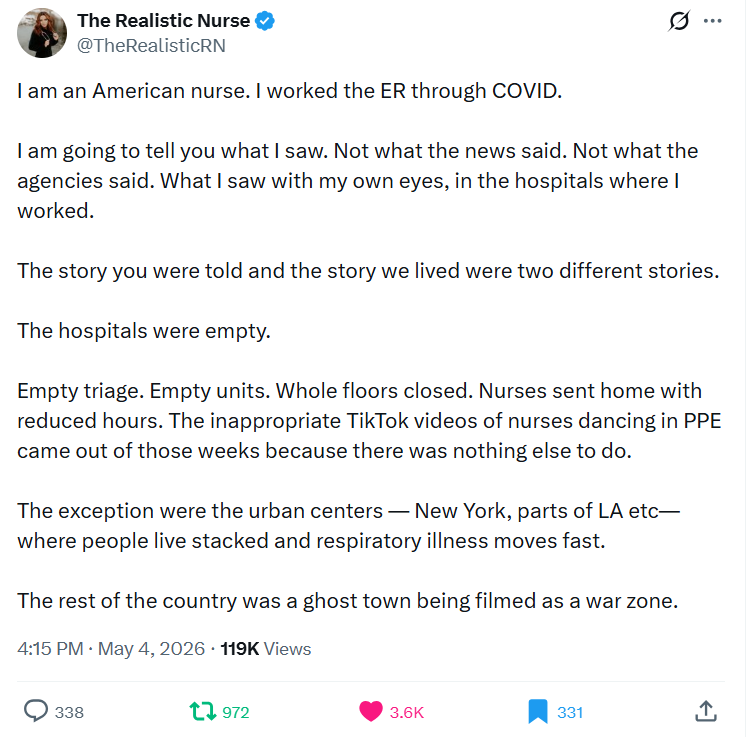 GoogleExpertUK's tweet image. I am an American nurse. I worked the ER through COVID.
I am going to tell you what I saw. Not what the news said. Not what the agencies said. What I saw with my own eyes, in the hospitals where I worked.
- @TheRealisticRN
x.com/TheRealisticRN…
#socent🇺🇸#AdasArmy👩‍⚕️