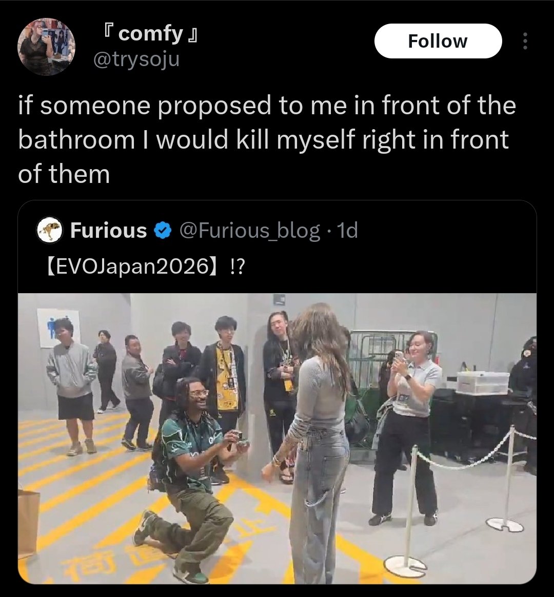Stop, stop, just mf STOP! This the FGC ! Where people play Melty Blood in bathrooms so a proposal outside to not disturb the sets is just fine!