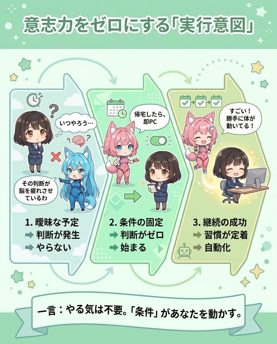 Akatsuki2ai's tweet photo. やる気が出ないのは普通。
人は「考える」と止まる。
「条件」があると動く。
曖昧な予定
→ 判断が増える
→ 疲れる
→ やらない
だから決めておく。
「帰宅したらPC」
「コーヒー飲んだら5分」
やる気じゃない。
行動は「条件」で決まる。
#習慣化 #実行意図 #IfThen #行動設計 https://t.co/lGvGjx5Aqe