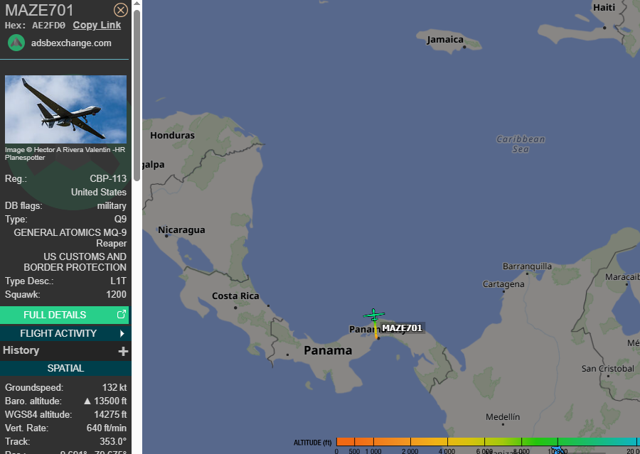 5472_nde's tweet image. MAZE701 #US Customs &amp;amp; Border Agency MQ9 #UAV climbing out of #Panama 2103z