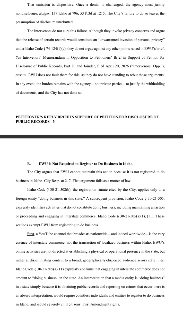 SarahDIrish's tweet photo. ⚖️ EWU Media LLC v. City Of Moscow Idaho, and Moscow Police Department.

EWU Media LLC Reply Brief In Support of Petition for Disclosure of Public Records ~ 11 pages

1/3
#EWUMedia
#MoscowID
#PublicRecords
#BryanKohberger