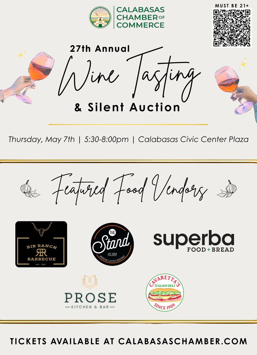 CalabChamber's tweet image. We can't wait to see you at our 27th Annual Wine Tasting and Silent Auction, this Thursday, May 7! Register now and enjoy a classy evening of live music, local food and wine, Cadillac Lounge, and  Salon Nuuvo hair show!

#Calabasas #CalabasasChamber #winetasting #foodandwine