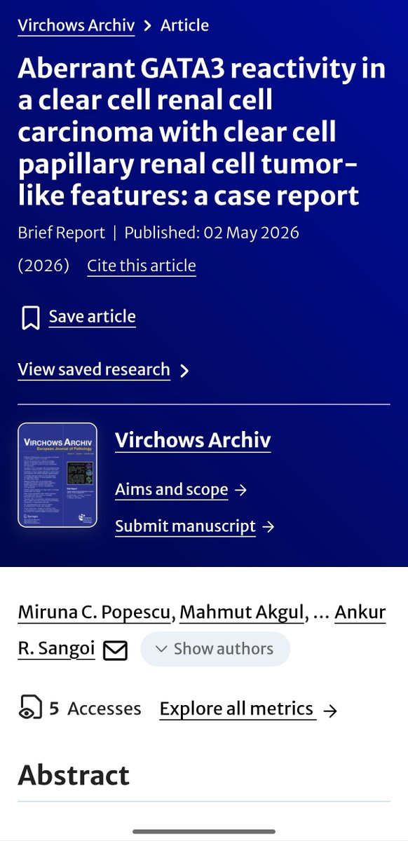 MirunaPopescu13's tweet photo. Happy to see our Brief Report on aberrant GATA3 expression in a molecularly-confirmed clear cell RCC with almost perfect CCPRCT-like morphology & #IHCPath published in @SpringerPath Virchows Archiv.
🚨 Definitely a pitfall 🔬 to be aware of in #GUPath
@slusagar @Williamson_SR
https://t.co/0ERWL7Tqzv
#PathTwitter