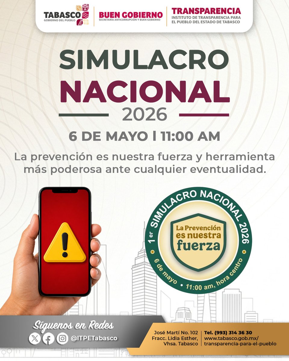 ITPETabasco's tweet photo. 📢 ¡Prepárate para el 1er. Simulacro Nacional 2026!
En el ITPET te invitamos a participar en este importante ejercicio cívico.
📅 Fecha: 6 de mayo.
🕚 Hora: 11:00 a. m.
#EstamosPreparados #SimulacroNacional2026 #TabascoPrevenido https://t.co/oxXO8g8r5n