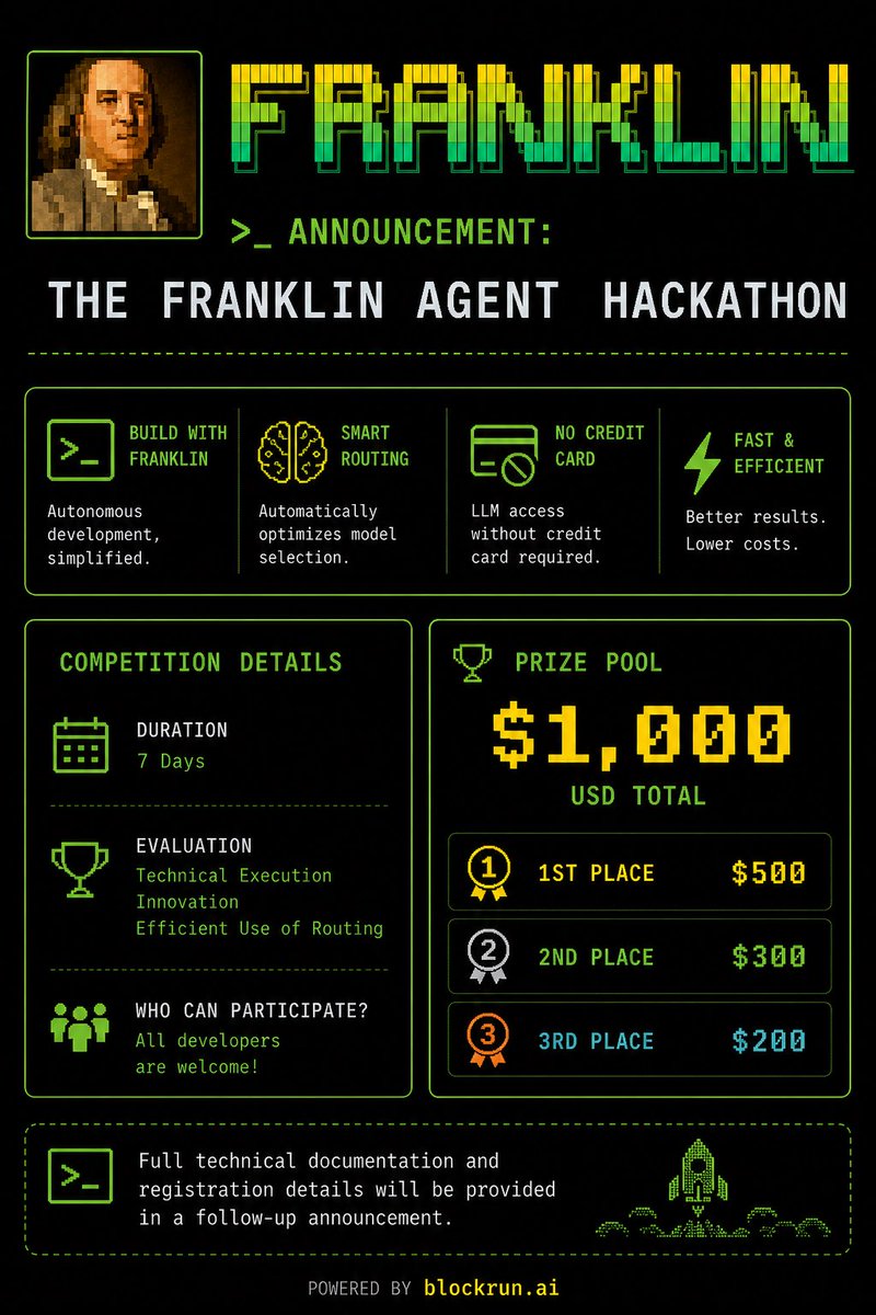 Franklin Agent Hackathon

We are officially launching the Franklin Agent Hackathon, a seven-day event dedicated to advancing autonomous development. 

This competition invites developers to build innovative projects exclusively using the Franklin harness.

Franklin Agent provides