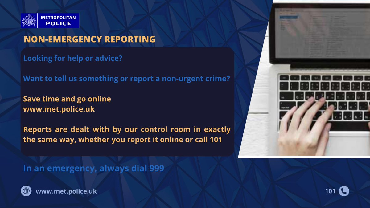 MetCC's tweet image. Keeping #London safe – one click at a time. 

You can report #crime and other incidents online. 

This is not an automated service – each report will be triaged by an experienced contact handler. 

Simply click here to start: spkl.io/6018fxCVj