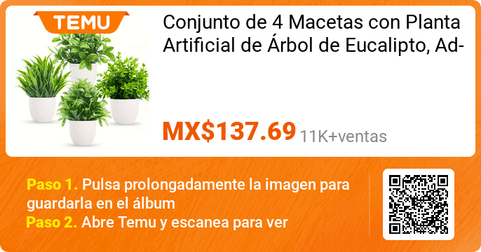 Alberto22263982's tweet image. 🌿 Dale vida a tu espacio en segundos

Set de 4 plantas de eucalipto artificial
✔ Sin mantenimiento
🎉 MX$137.69 con cupón
🛒 temu.to/k/gszk21sxz39
🎁 Código: AFM27436 → $1,000 MXN + 30% OFF
⏳ Úsalo en la primera hora
📲 temu.to/k/gi935yswhfp

#Decoracion #Hogar #Temu