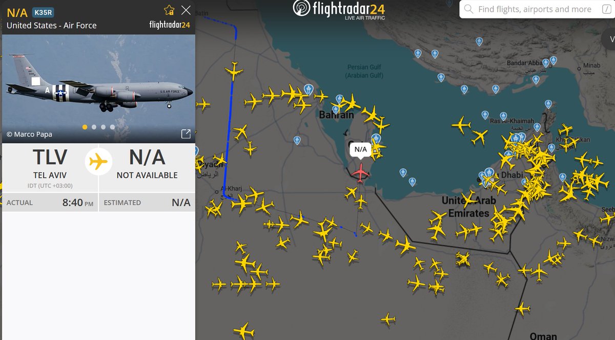 mainhazirhoun's tweet image. 🚨 Activity Alert: Spotted unusual military flight patterns on #FlightRadar24. Two assets loitering near Kish Island in the Persian Gulf, while two more are inbound to Qatar from Tel Aviv. Tensions in the Strait are clearly reflecting in the skies. ✈️🛰️ #Hormuz #MiddleEast #Iran