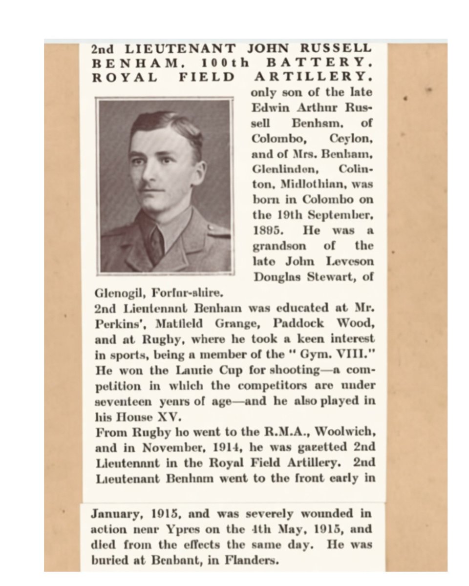 BritishHistorym's tweet image. Remembering Second Lieutenant John Russell Benham 🙏🇬🇧

100th Battery, Royal Field Artillery.

Death: 4 May 1915, Ypres, Western Front.

CWGC family information: Son of Edwin Arthur Russell Benham &amp;amp; Grizzel Hamilton Benham, of 32 Morningside Park, Edinburgh.

#lestweforget