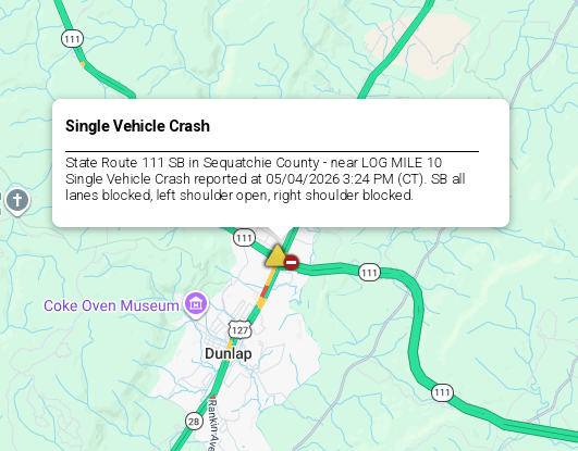 LiveTraffic2's tweet image. Sequatchie County/Dunlap Area- A crash on Hwy 111 at Hwy 127 4:22pm CT. commanderchuck.net #CommanderChuck #Chattanooga #Tennessee #TDOT #Traffic #TrafficAlert #Follow #Weather