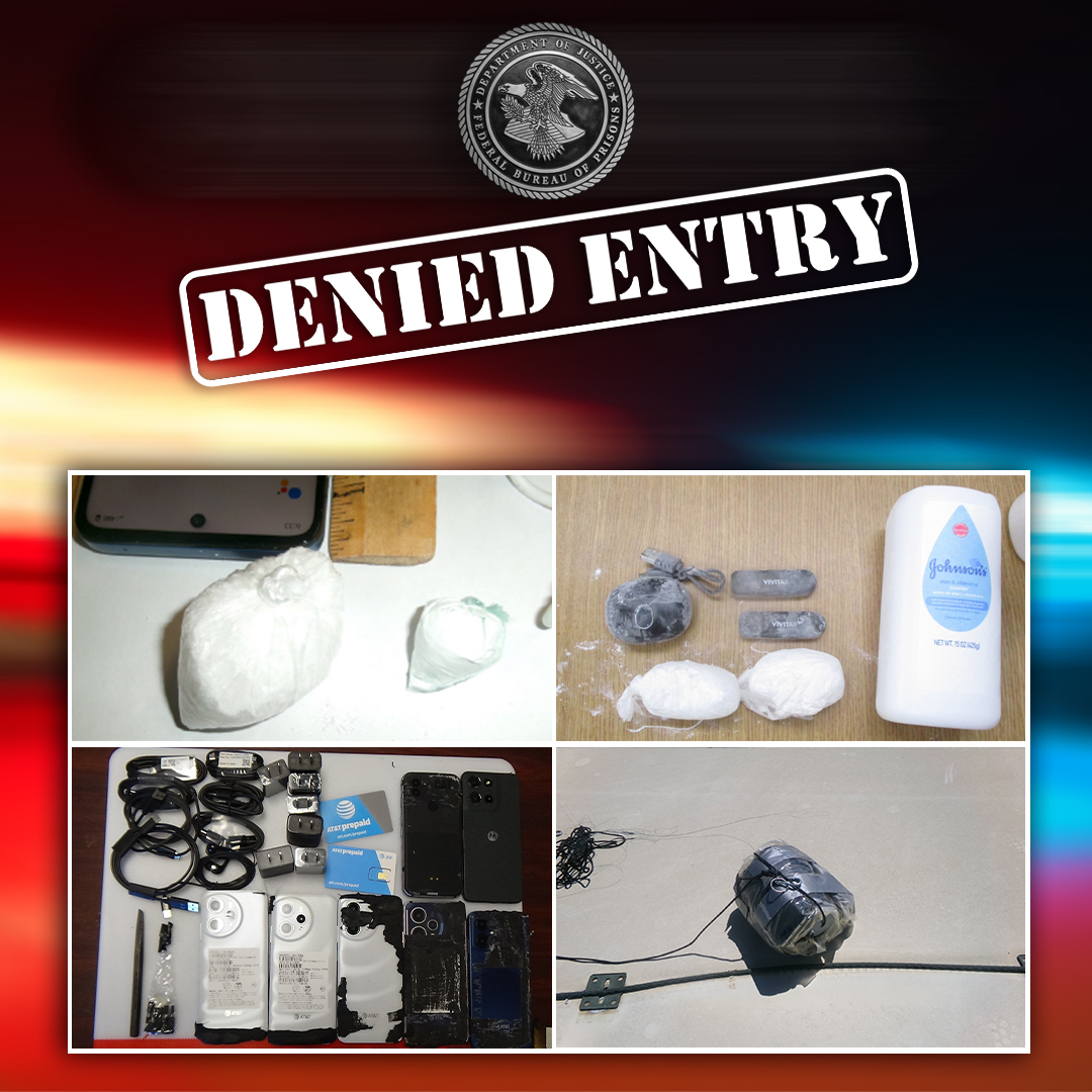 OfficialFBOP's tweet photo. Last week the Bureau recovered 75 weapons, 820 grams of Methamphetamines and 293 cell phones. #DeniedEntry. https://t.co/Kbt5UCPuUR