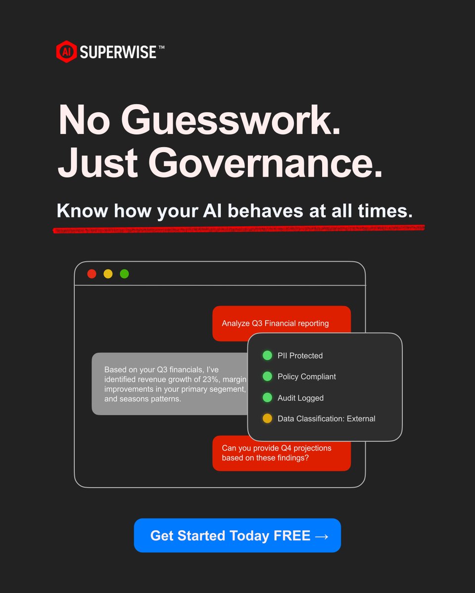 SuperwiseAI's tweet photo. They need visibility into what’s already running.
SUPERWISE Starter Edition gives you a clear view of your AI from day one.
What it’s doing.
What data it’s touching.
Where risk is building.
Start here: https://t.co/q5M9k0RBa6

#AIGovernance #AIObservability https://t.co/VEzxjSl1w6