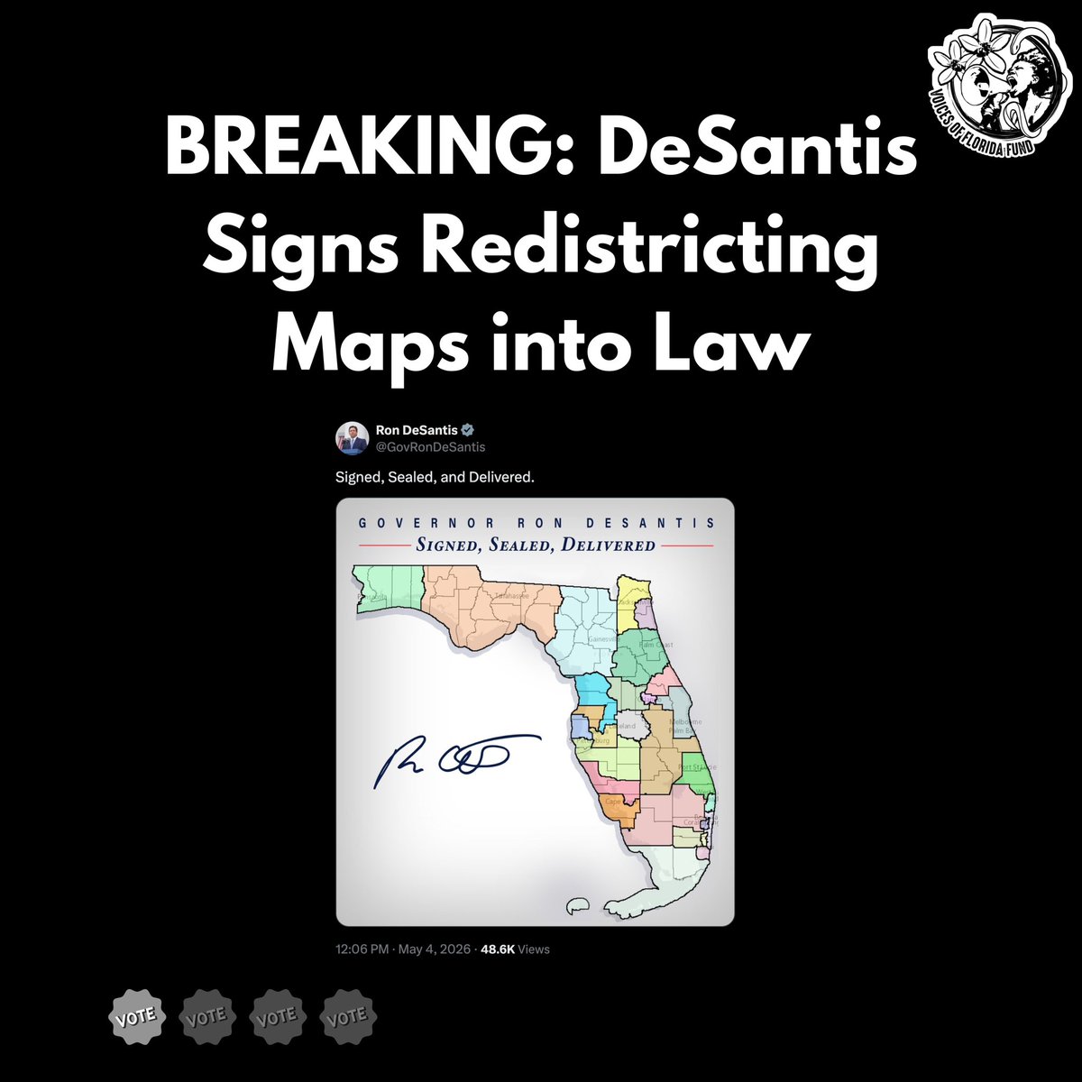 voffund's tweet image. 🚨BREAKING: DeSantis signs redistricting maps into law. Learn what HB 1D does, why these maps are illegal, where the biggest fights in FL are, and what happens next.

#redistricting #gerrymandering #Callais #NoPartisanMaps #VotingRightsAct